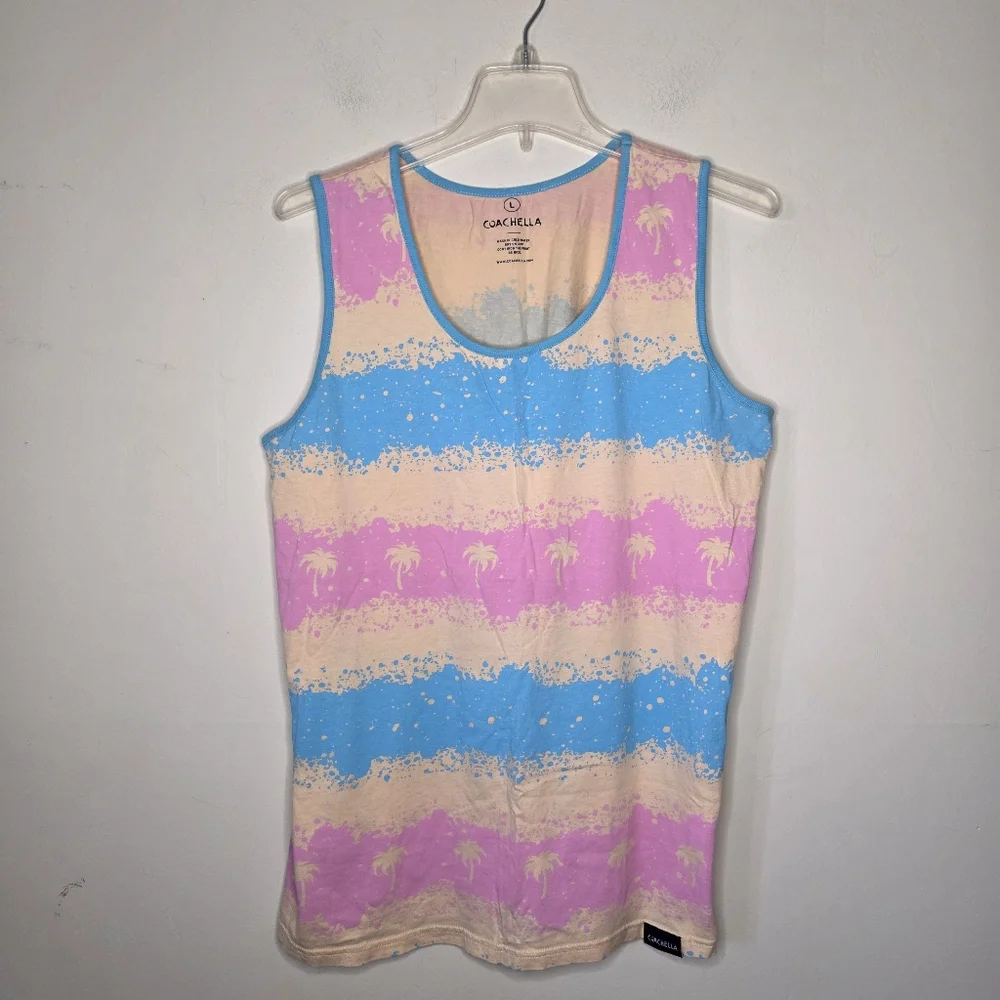 Coachella Pink/Blue/Cream  Palm Tree Graphic Tie Dye Tank Size Large